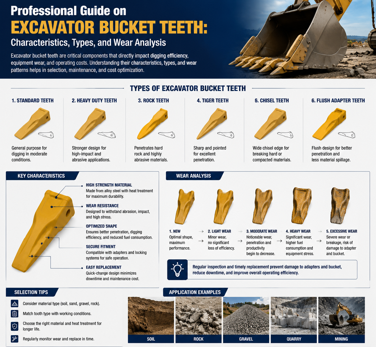 Professional Guide on Excavator Bucket Teeth: Characteristics, Types, and Wear Analysis